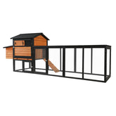 Chicken Coop with Run and Nesting Box – Wooden Outdoor Hen House with Anti-UV Roof, Brown & Black
