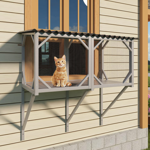 Cat Window Catio, Outdoor Cat Enclosure for Indoor Cats, Wooden Window Perch with Mesh Panels