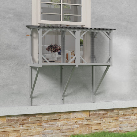 Cat Window Catio, Outdoor Cat Enclosure for Indoor Cats, Wooden Window Perch with Mesh Panels