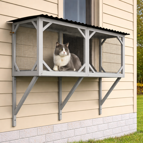 Cat Window Catio, Outdoor Cat Enclosure for Indoor Cats, Wooden Window Perch with Mesh Panels