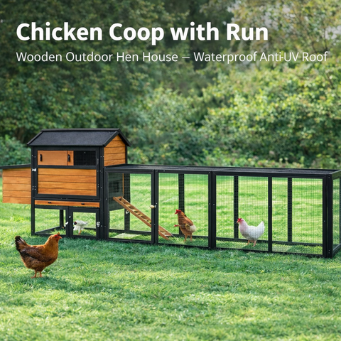 Chicken Coop with Run and Nesting Box – Wooden Outdoor Hen House with Anti-UV Roof, Brown & Black