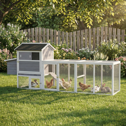 Gray Chicken Coop with Sliding Door and Nesting Box – Raised Wooden Outdoor Hen House