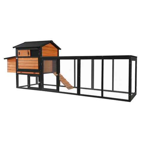Chicken Coop with Run and Nesting Box – Wooden Outdoor Hen House with Anti-UV Roof, Brown & Black