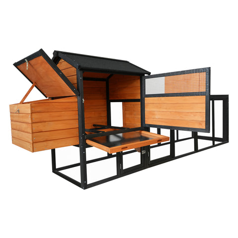 Chicken Coop with Run and Nesting Box – Wooden Outdoor Hen House with Anti-UV Roof, Brown & Black