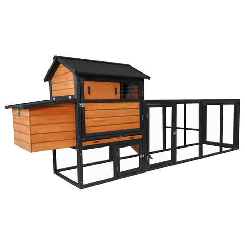 Chicken Coop with Run and Nesting Box – Wooden Outdoor Hen House with Anti-UV Roof, Brown & Black