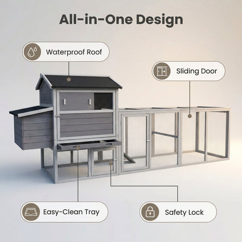 Gray Chicken Coop with Sliding Door and Nesting Box – Raised Wooden Outdoor Hen House