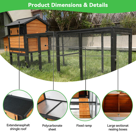Chicken Coop with Run and Nesting Box – Wooden Outdoor Hen House with Anti-UV Roof, Brown & Black