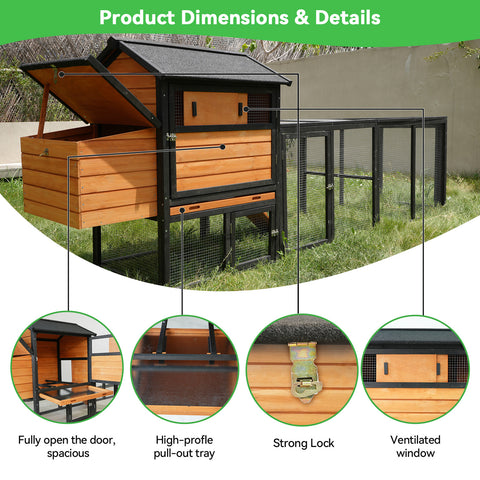 Chicken Coop with Run and Nesting Box – Wooden Outdoor Hen House with Anti-UV Roof, Brown & Black