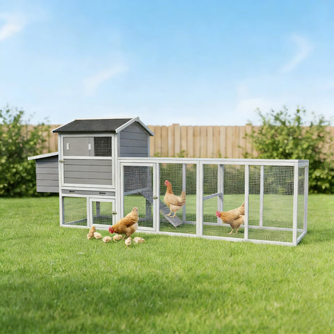 Gray Chicken Coop with Sliding Door and Nesting Box – Raised Wooden Outdoor Hen House