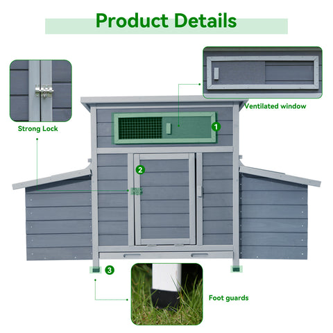 Large Chicken Coop with Dual Nesting Boxes – Wooden Outdoor Hen House for Backyard Poultry, Gray