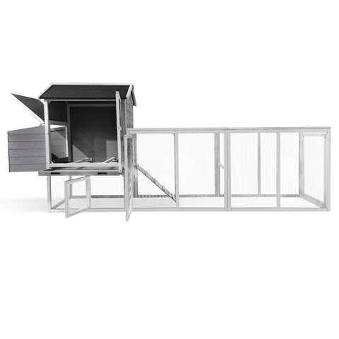 Gray Chicken Coop with Sliding Door and Nesting Box – Raised Wooden Outdoor Hen House
