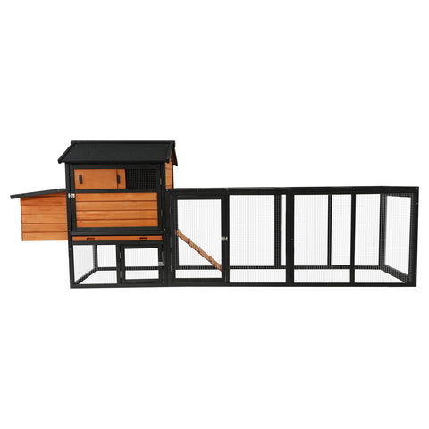 Chicken Coop with Run and Nesting Box – Wooden Outdoor Hen House with Anti-UV Roof, Brown & Black