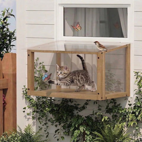 Cat Window Catio, Wooden Window Perch With Mesh Panels